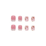 Flytonn- 24pcs/pack Wearable Nails Pearls Retro Flowers White Short Nail Art Finished Removal Wearable Nail Stickers With Wearing Tool