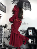 Flytonn-new years eve outfits Christmas party outfits Autumn Red Vintage Dress Women Lace French Retro Elegant Evening Party Dress Female Long Sleeve Chic Midi Dress Halloween 2024