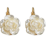 Flytonn-Luxury White Camellia Flower Dangle Earrings for Women Summer Elegant Korean Fashion Adcanced Sense Gold Color Party Jewelry