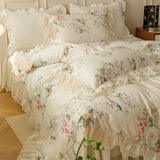 Cifeeo-Pure Cotton Vintage French Pastoral Country Flowers Print Double layer Lace Ruffles Bedding Set Duvet Cover Bed Skirt Pillowcase