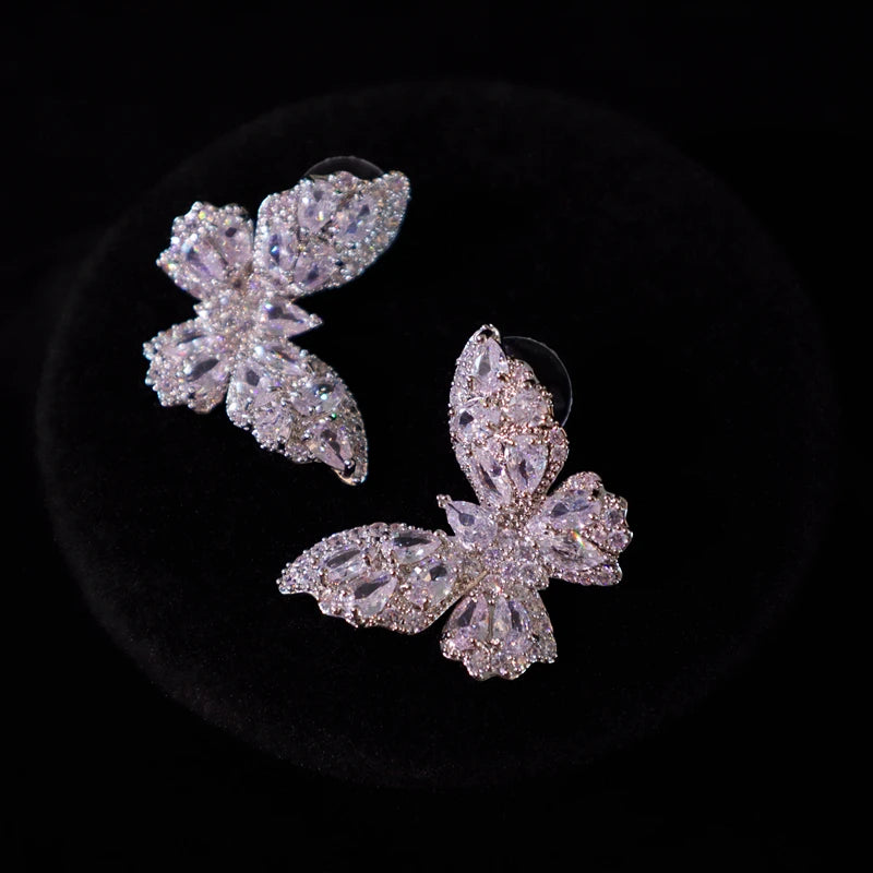Flytonn-High-grade Butterfly Zircon Earrings for Women Light Luxury Super Flash Earrings Bridal Party Silver Needle Earrings