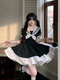 FLYTONN-Black Dress Women Bow Japanese Cute Lolita Dress Women Sweet lace Puff Sleeve Student Dresses Party Sailor Collar Kawaii Dress