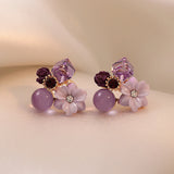 Flytonn-Purple Crystal Flower Stud Earrings for Woman Korean Fashion Jewelry Wedding Party Girl Elegance Set Accessories