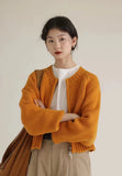 Flytonn-2024 autumn and winter new 100% wool round neck casual pull knit cardigan women's short coat