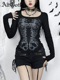 Flytonn Harajuku Punk T-shirt Women Dark Gothic Streetwear Bone Printed Back Hollow Out Long Sleeve Tee Tops Y2k Rave Outfits