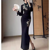 Flytonn-Autumn Winter Bodycon Velvet Dress Chinese Style Long Sleeve Stand Collar Embroidery High Split Party Dresses Female Vestidos