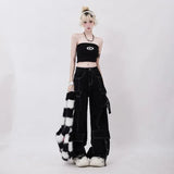 Flytonn-Aesthetic fashion white line black design high waisted jeans women 2024 autumn and winter hip-hop high street casual cargo pants