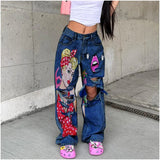 Flytonn-Retro Washed High Waist Wide Leg Jeans Women 2023 Fashion New Product Personalized Print Hollow Hole Straight Leg Trousers