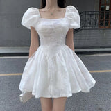 FLYTONN-Elegant Sweet white Dress Summer Woman Retro Square Collar Puff Sleeve Fluffy Dress femem Korean Organza Mini Princess Dress