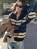 Flytonn-Stylish colorful striped zipper 100 pure wool cardigan knit sweater Women's Fall/winter loose thickened cashmere coat