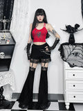 Flytonn Harajuku Vintage Velvet Pants Women Punk Mall Gothic Streetwear Lace Patchwork High Waist Hollow Out Flare Pants Female