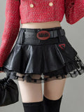 Flytonn Emo Alt Gothic Pu Skirt Women Streetwear Harajuku Grunge Mesh Patchwork with Belt Mini Skirt Nightclub Sexy Rave Outfits