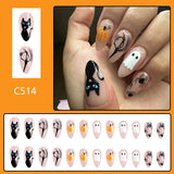 Flytonn-Halloween Nails 24Pcs Short Oval Halloween Fake Nail Almond Spider Web Press on Nail Ghost Pumpkin Cute Wearable Nails for Women&Girl Nail Art