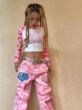 Flytonn- Streetwear y2k 90s Fashion Pink camouflage cartoon pattern straight Y2K jeans womens street hip hop design niche hot girl street wide leg baggy pants 2000s