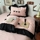 Flytonn-1Pc Korean Style Princess Black Bow Ruffles Summer Quilt Soft Skin-friendly Washed Seersucker Blanket Bedspread 150X200/200X230