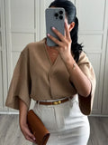 Women Fashion Solid Single Breasted Short Woolen Cardigan Chic V Neck Puff Half Sleeves Cropped Sweater 2024 Autumn Lady Tops