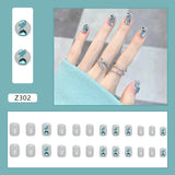 Flytonn- 24pcs/Box Gradient Nail Art Patches False Nails Short Square Nail Blue Starry Glitter Teardrop Diamond Fake Nail Tips