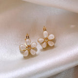 Flytonn-Girl's Elegant White Enamel Opals Five Leaf Petal Flower Earrings 2024 New Fashion Jewelry for Women‘s Party Sweet Accessories