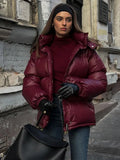 Flytonn-Christmas Thanksgiving Gift New Year's Eve Casual Outfits 2024 Elegant Fall Winter Wine Red Full Sleeve Warm Woman Cotton Coat Fashion Solid Zipper Down Jacket New Lady Commuter Wear