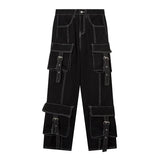 Flytonn-Aesthetic fashion white line black design high waisted jeans women 2024 autumn and winter hip-hop high street casual cargo pants