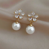 Flytonn-New Design Sweet Rhinestone Flower Stud Earrings for Women Elegant Imitation Pearl Crystal Zircon Earring Korean Party Jewelry