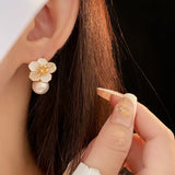 Flytonn-Korean New Fashion Jewelry White Enamel Camellia Zircon Pearl Earrings For girl Elegant Women's Daily Work Accessories