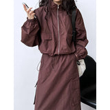 Flytonn-Fall Outfits Women Outwear Streetwear -Women Y2k Crop Jacket Drawstring Cargo Midi Skirt Two-piece Outdoor Sports Set Burgundy Green Black