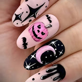 Flytonn-Halloween Nails 24pcs Halloween Pink Wearing Nails Detachable French Ballerina Nails Art Press on Nails Almond Fake Nails cartoon False Nails