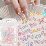 Flytonn- 3D Aurora Bow Knot Nail art Decoration 50Pcs/bag Shinny Magic Ribbon Nails Art Rhinestone Charms Manicure Jewelry Accessories