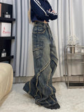 Flytonn- Streetwear y2k 90s Fashion Harajuku washed distressed stitching raw edge high street trendy casual jean for women 2024 flesh-covering design straight pants