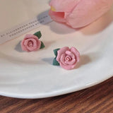 Flytonn-Korean New Pink Sweet Flower Stud Earring for Women Rose White Flowers Pearl Exquisite Zircon Earrings Girls Party Jewelry