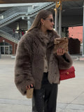 Flytonn-Christmas Thanksgiving Gift New Year's Eve Casual Outfits Soft Fluffy Lapel Collar Warm Lady Faux Fur Jacket Chic Solid Color Full Sleeves Loose Short Coat New Woman Winter Commuter Wear