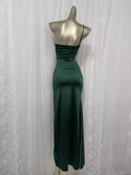 Flytonn-Valentines Gift party dress Vintage Sheath One Shoulder Green Vacation Dress Satin Birthday Dresses Fly0019