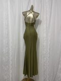 Flytonn-Valentines Gift party dress Simple Sheath Halter Green Long Vacation Dress Birthday Outfits Fly008