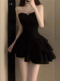 Flytonn-Valentines Gift party dress Simple A line Strapless Black Homecoming Dresses Short Satin Birthday Outfit Fly265