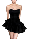 Flytonn-Valentines Gift party dress Simple A line Strapless Black Homecoming Dresses Short Satin Birthday Outfit Fly265