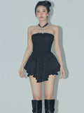 Flytonn-Valentines Gift party dress Simple A line Irregular Hem Strapless Little Black Dresses Short Chiffon Birthday Outfit Fly270