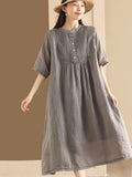 FLYTONN- Women Summer Casual Solid Shirred Button Linen Dress HH019