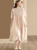 FLYTONN- Women Summer Casual Solid Shirred Button Linen Dress HH019