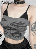 Flytonn Y2k Gothic Grey Camis Women Vintage Aesthetic Streetwear Harajuku Devil Eye Printed Crop Tank Top Emo Alt Rave Outfits