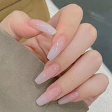 Flytonn 24PCS/Box 2022New Artificial Nails With Glue Milky White Pink Gradients Long Ballet Full Cover Acrylic Nail Stick Fake Nail Tips