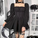 FLYTONN-Long Sleeves Lolita Black Dress Goth Aesthetic Puff Sleeve High Waist Vintage Bandage Lace Trim Party Gothic Clothes Dress Woman