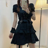 FLYTONN-Japanese Lolita Princess Black Sexy Bad Girl Mini Dress Woman Kawaii High Waist Puff Sleeve Lace Ruffles Party Y2k Streetwear