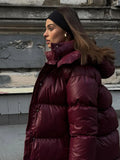 Flytonn-Christmas Thanksgiving Gift New Year's Eve Casual Outfits 2024 Elegant Fall Winter Wine Red Full Sleeve Warm Woman Cotton Coat Fashion Solid Zipper Down Jacket New Lady Commuter Wear