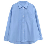 FLYTONN-Casual Simple Blue Oversized Shirt Blue White Slouchy Loose Silhouette Blouse