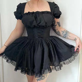 FLYTONN-Lolita Black Dress Goth Aesthetic Puff Sleeve High Waist Vintage Bandage Lace Trim Party Gothic Clothes Summer Dress Woman 2024