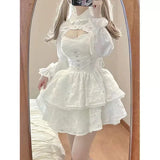 FLYTONN-Hot Girl Lace White Kawaii Lolita Dress Woman Cascading Ruffl Long Sleeve Fairy Dress Straps Birthday Party Quinceanera Dresses