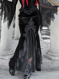 Flytonn Vintage Gothic Dark Velvet Dress Women Fairycore Grunge Lace Patchwork Trumpet Skirt Streetwear Partywear Emo Alt Skirts