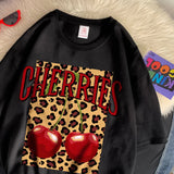 Flytonn-Cherries Cotton T Shirts Women Cherry Leopard Prints Oversized T-Shirts Casual O-Neck Short Sleeve Tops Summer Woman Clothes