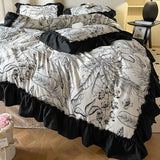 Cifeeo-2/3PC French Vintage Black Ruffles Duvet Cover Set, With Pillowcases, Nordic Luxury Flowers Plant Quilt Cover Set, Bedding Set